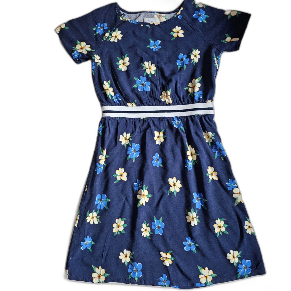 Old Navy Floral on Navy Blue Pull On Girl's Dress in 100% Rayon sz 10-12